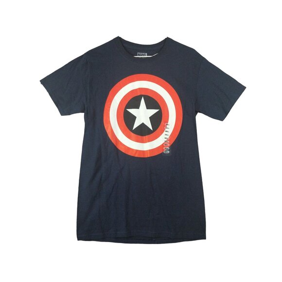DISNEY MARVEL Captain America Graphic Shirt Men SZ S Navy Short Sleeve Superhero - Picture 1 of 6